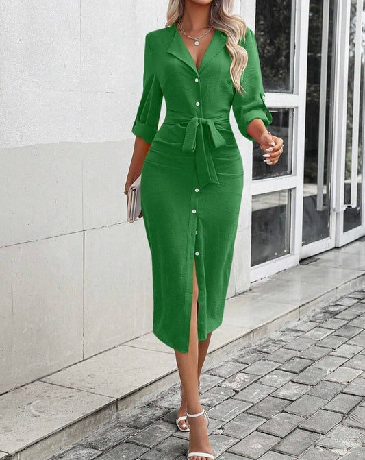 Versatile Button-Down Midi Dress with Waist Tie and Front Slit
