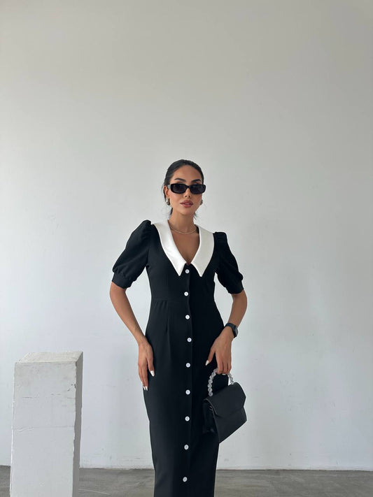 Business Casual Button-Front Midi Dress with Contrast Collar