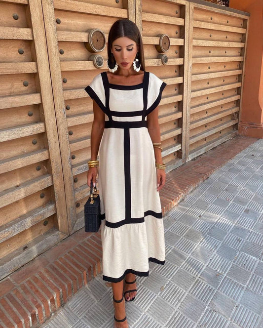 Chic Geometric Trim Midi Dress - Perfect for Day to Evening