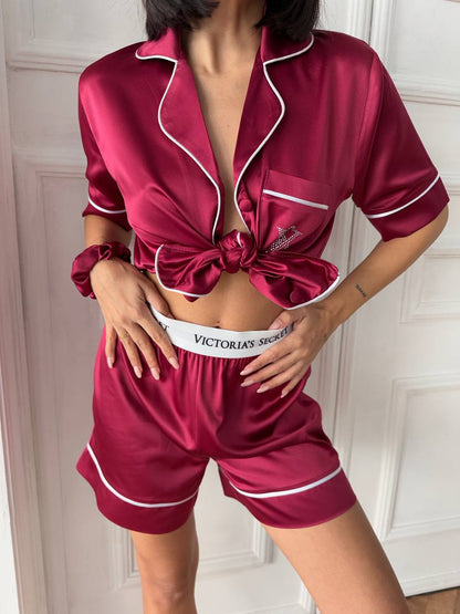 Bordo Saten Şortlu Kadın Pijama Takımı