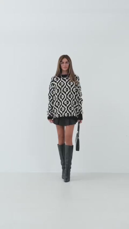 Abstract Patterned Black & White Geometric Sweater