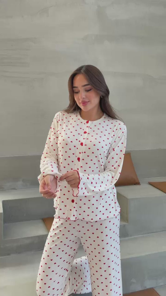 %100 Pamuk Kırmızı Puantiyeli Düğmeli Pijama Takımı