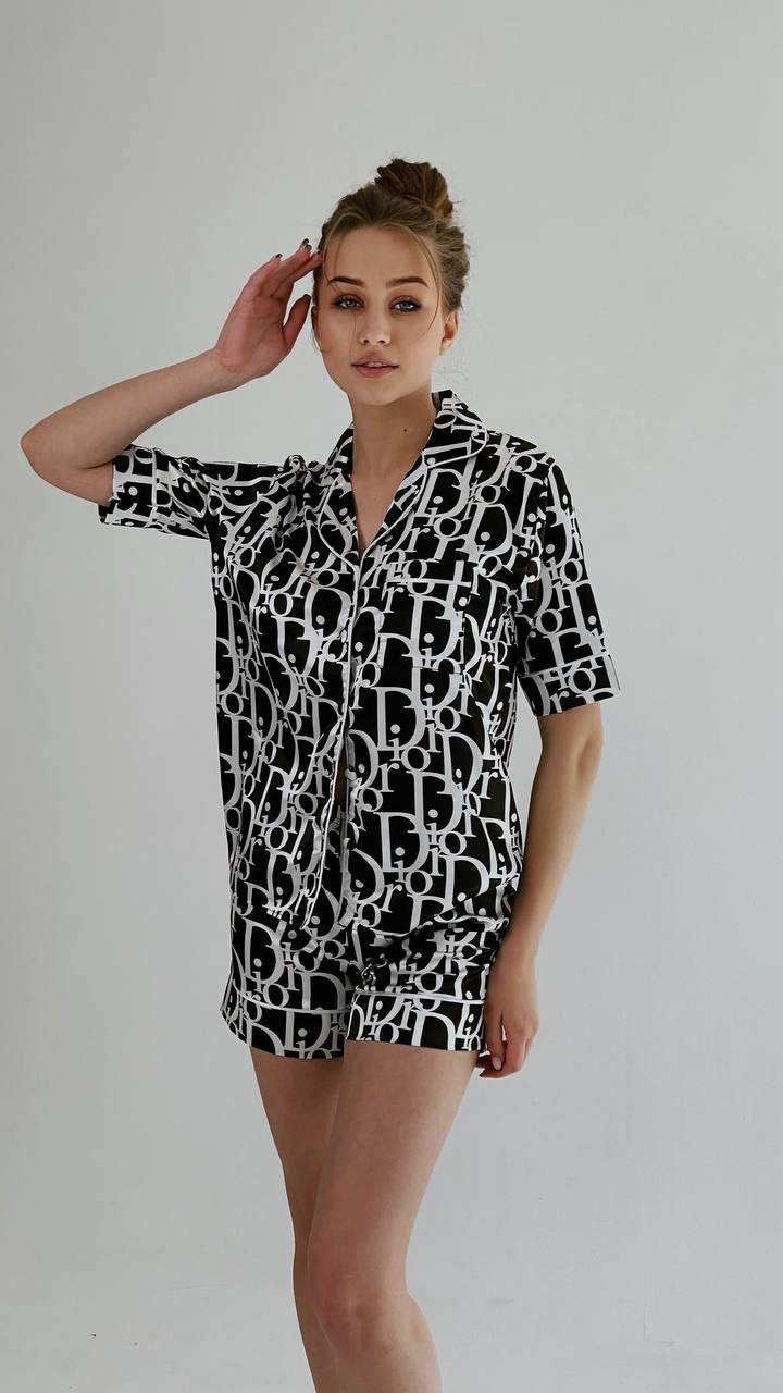 Siyah Beyaz Desenli Saten Pijama Takımı - Dior - Modaludo