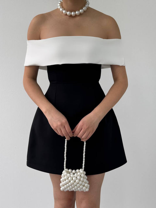 Siyah - Beyaz Mini Elbise - Modaludo