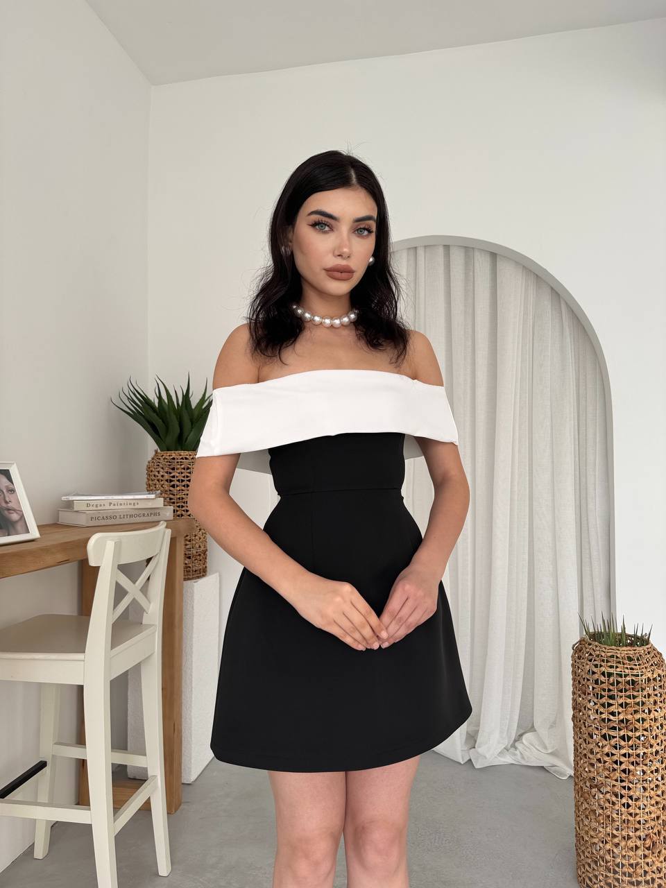 Siyah - Beyaz Mini Elbise - Modaludo