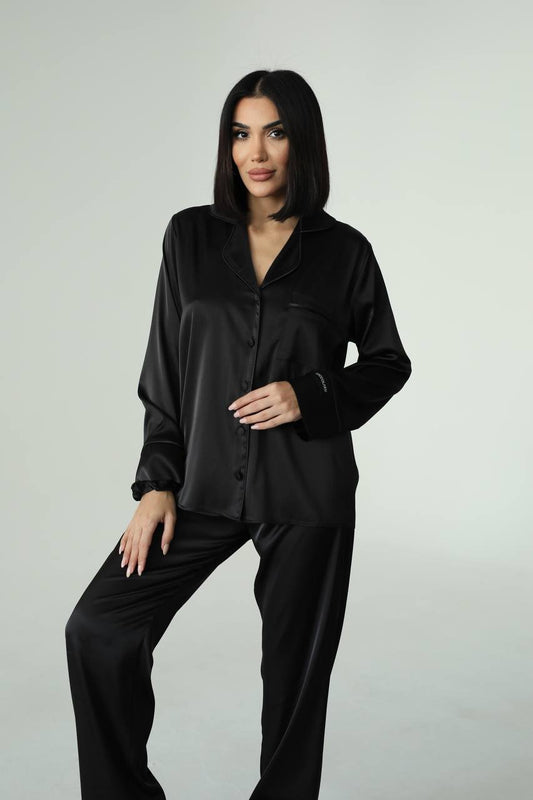 Siyah İpek Saten Pijama Takımı - Modaludo