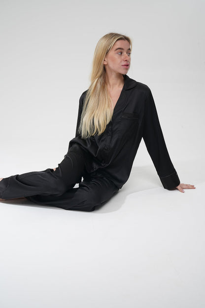 Siyah İpek Saten Pijama Takımı | COCOLARSİ - Modaludo