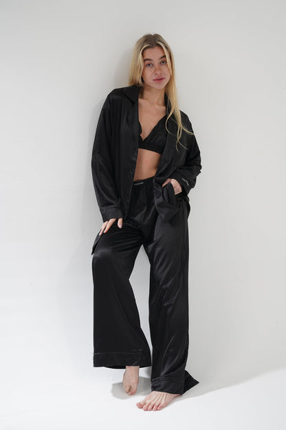 Siyah Üçlü Saten Pijama Takımı | COCOLARSİ - Modaludo