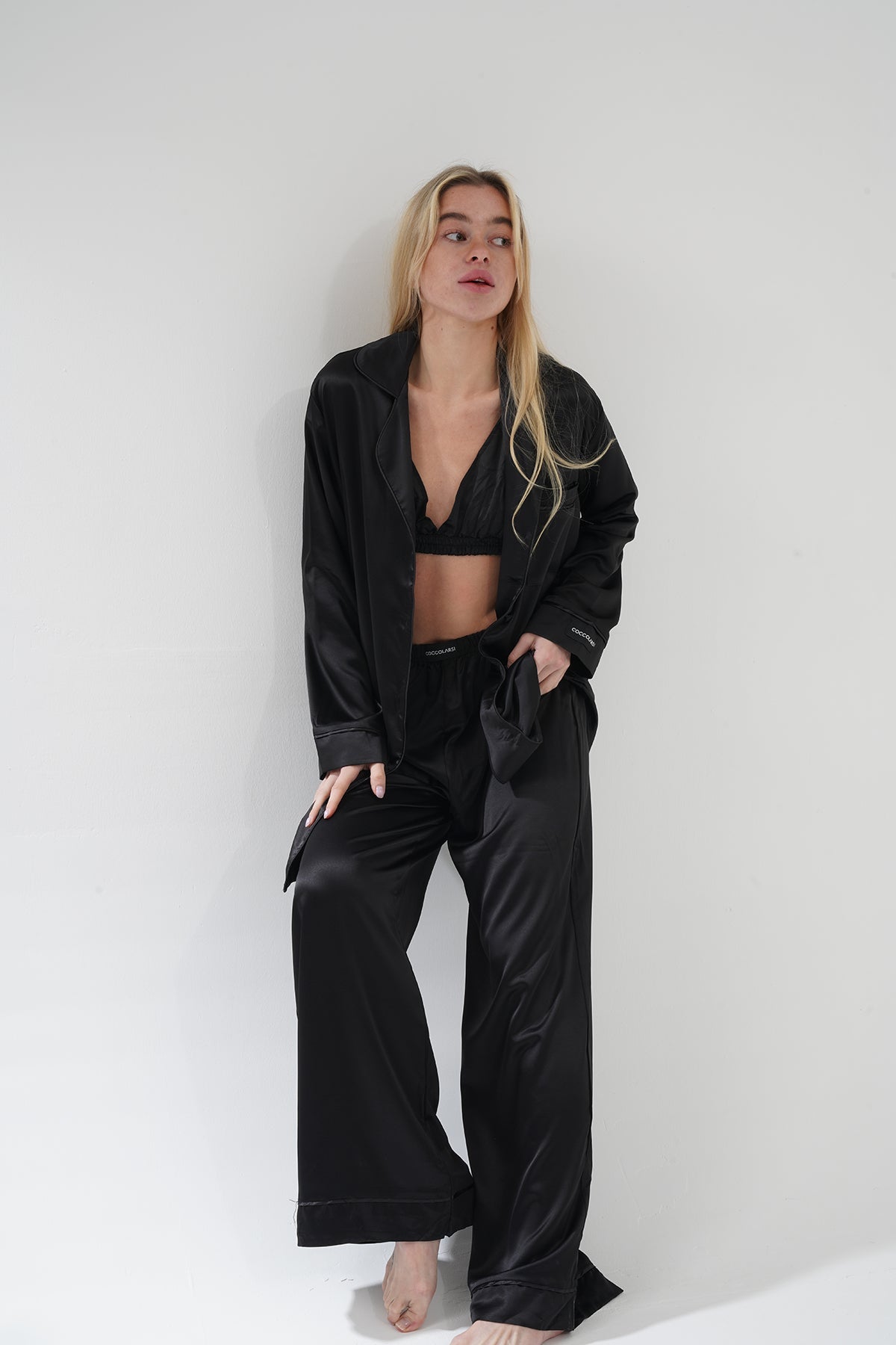 Siyah Üçlü Saten Pijama Takımı | COCOLARSİ - Modaludo