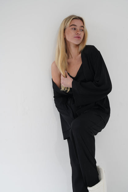 Siyah Viskon Üçlü Pijama Takımı | MODALUDO - Modaludo