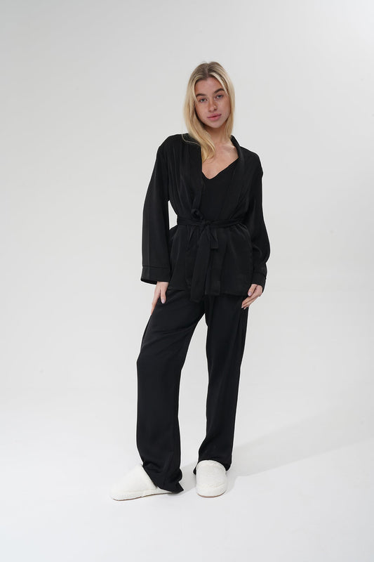 Özel Tasarım Siyah Saten Kimonolu Pijama Takımı | MODALUDO - Modaludo