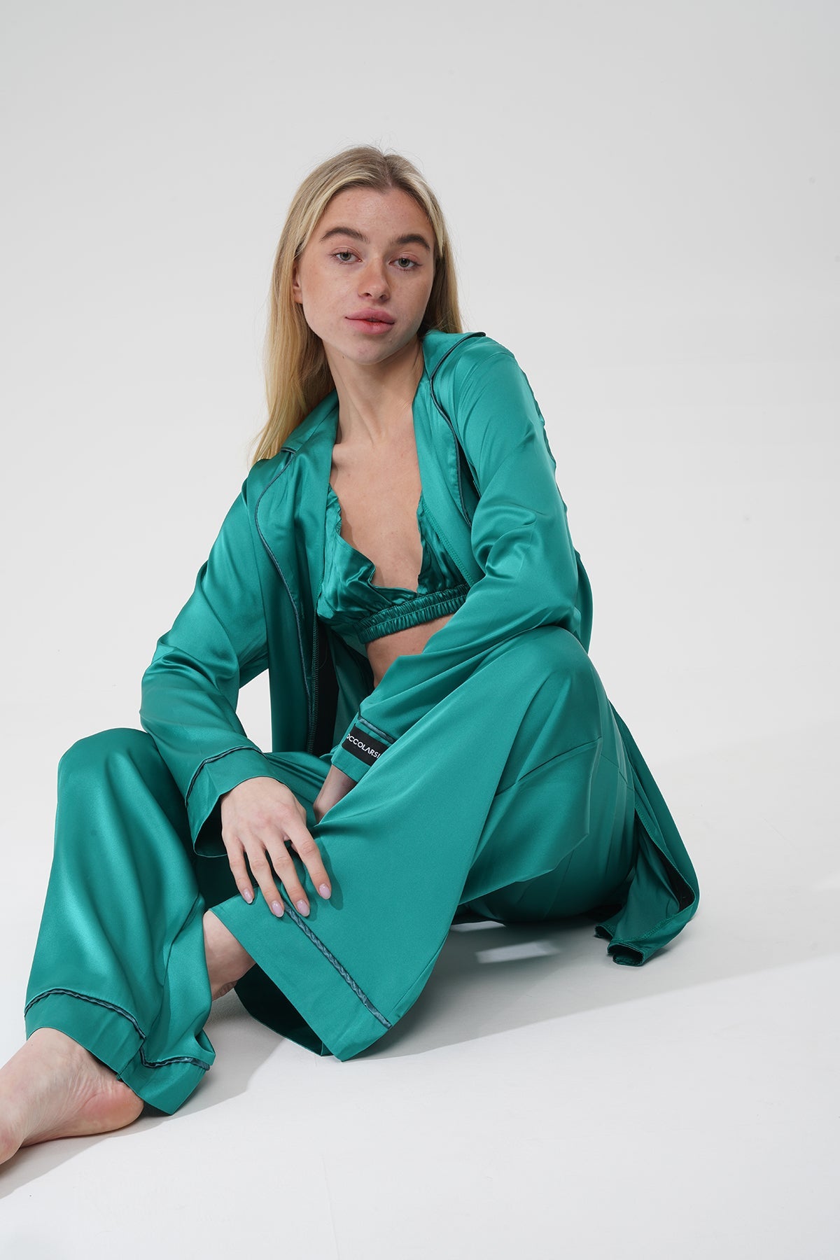 Yeşil Üçlü Saten Pijama Takımı | COCOLARSİ - Modaludo