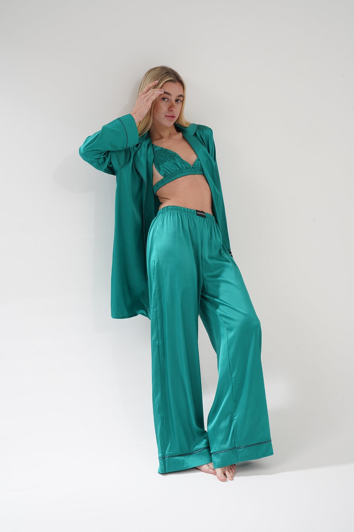 Yeşil Üçlü Saten Pijama Takımı | COCOLARSİ - Modaludo