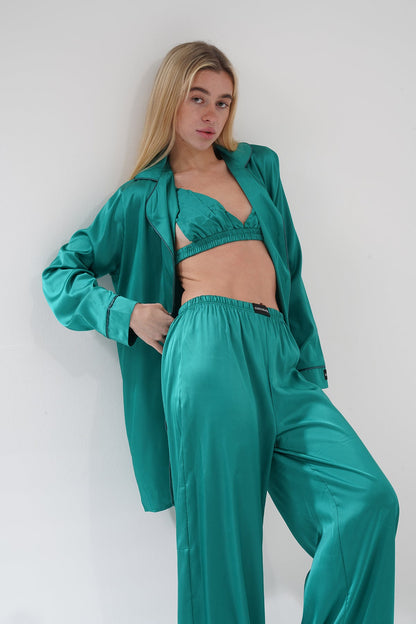 Yeşil Üçlü Saten Pijama Takımı | COCOLARSİ - Modaludo