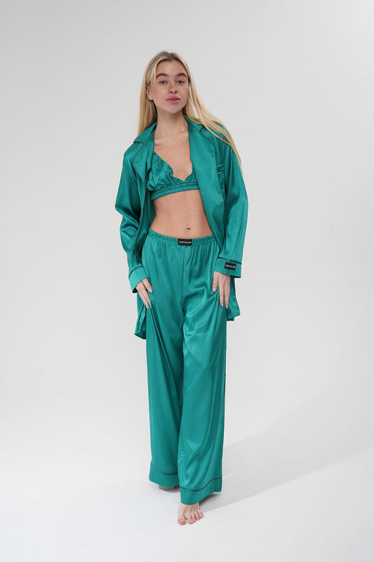 Yeşil Üçlü Saten Pijama Takımı | COCOLARSİ - Modaludo