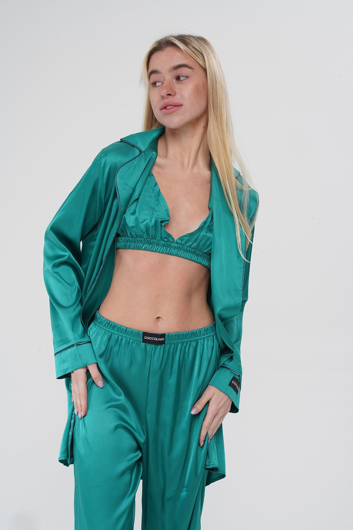 Yeşil Üçlü Saten Pijama Takımı | COCOLARSİ - Modaludo