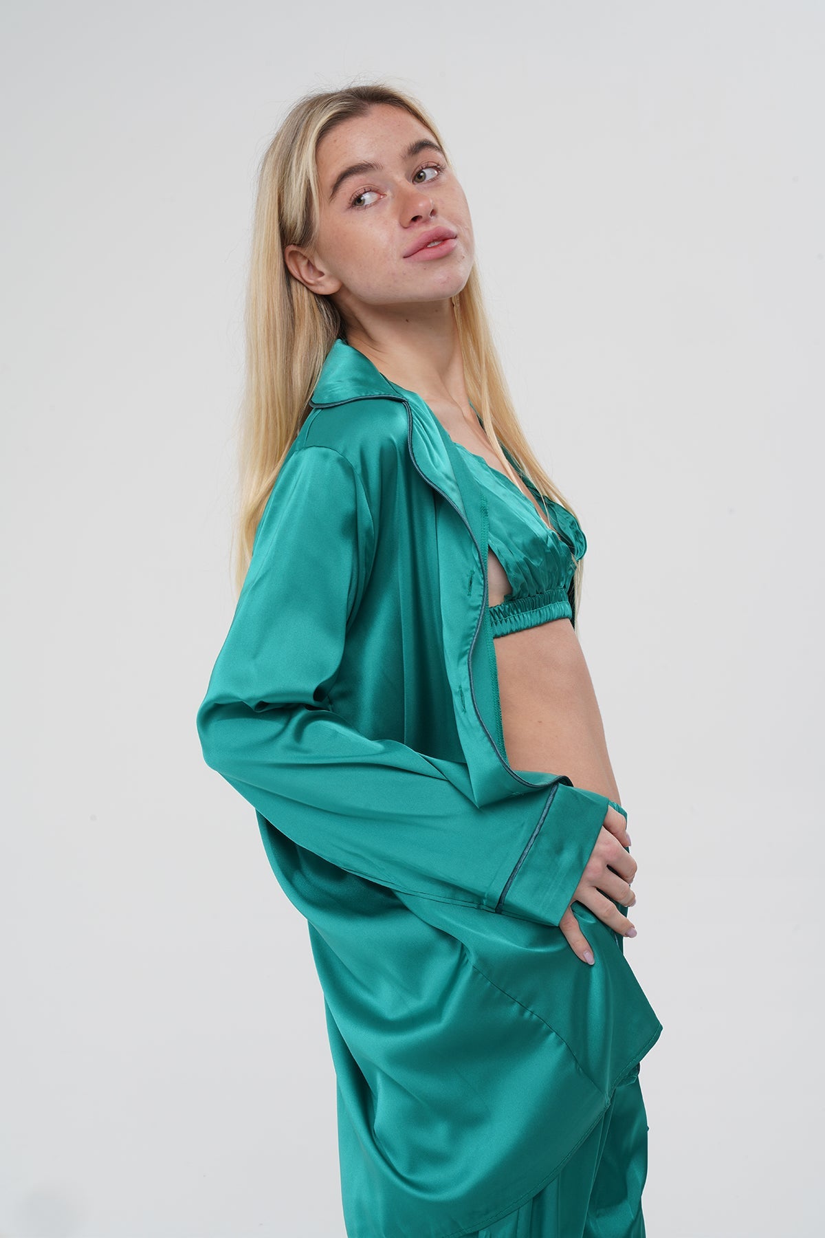 Yeşil Üçlü Saten Pijama Takımı | COCOLARSİ - Modaludo