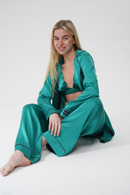 Yeşil Üçlü Saten Pijama Takımı | COCOLARSİ - Modaludo