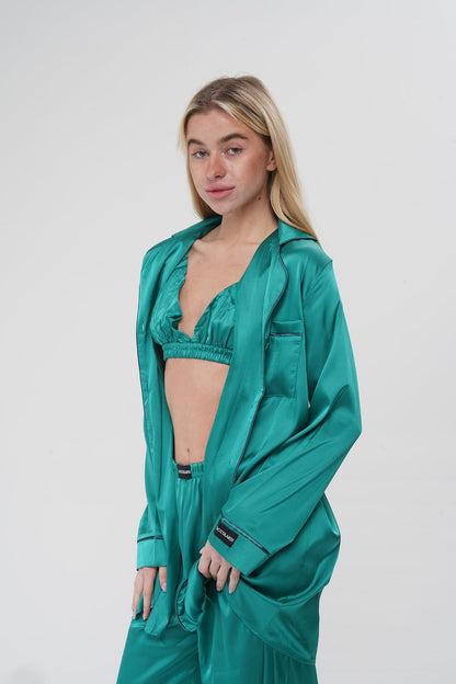 Yeşil Üçlü Saten Pijama Takımı | COCOLARSİ - Modaludo