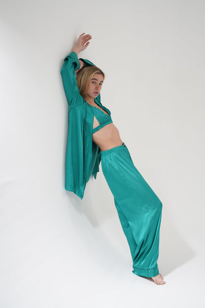 Yeşil Üçlü Saten Pijama Takımı | COCOLARSİ - Modaludo