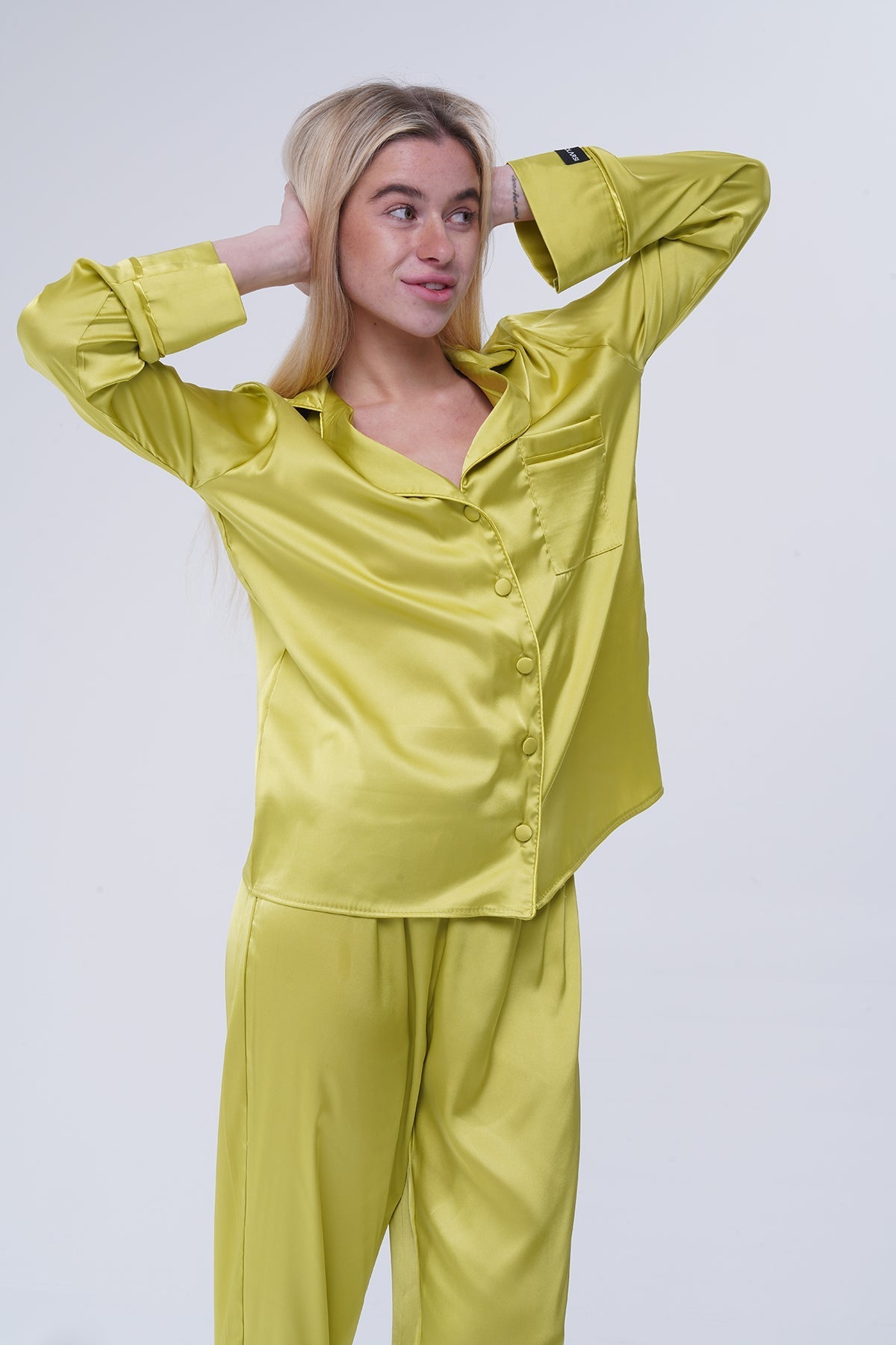 Zeytin Yeşili Saten Pijama Takımı | COCOLARSİ - Modaludo