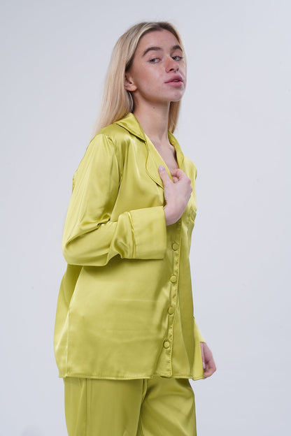 Zeytin Yeşili Saten Pijama Takımı | COCOLARSİ - Modaludo