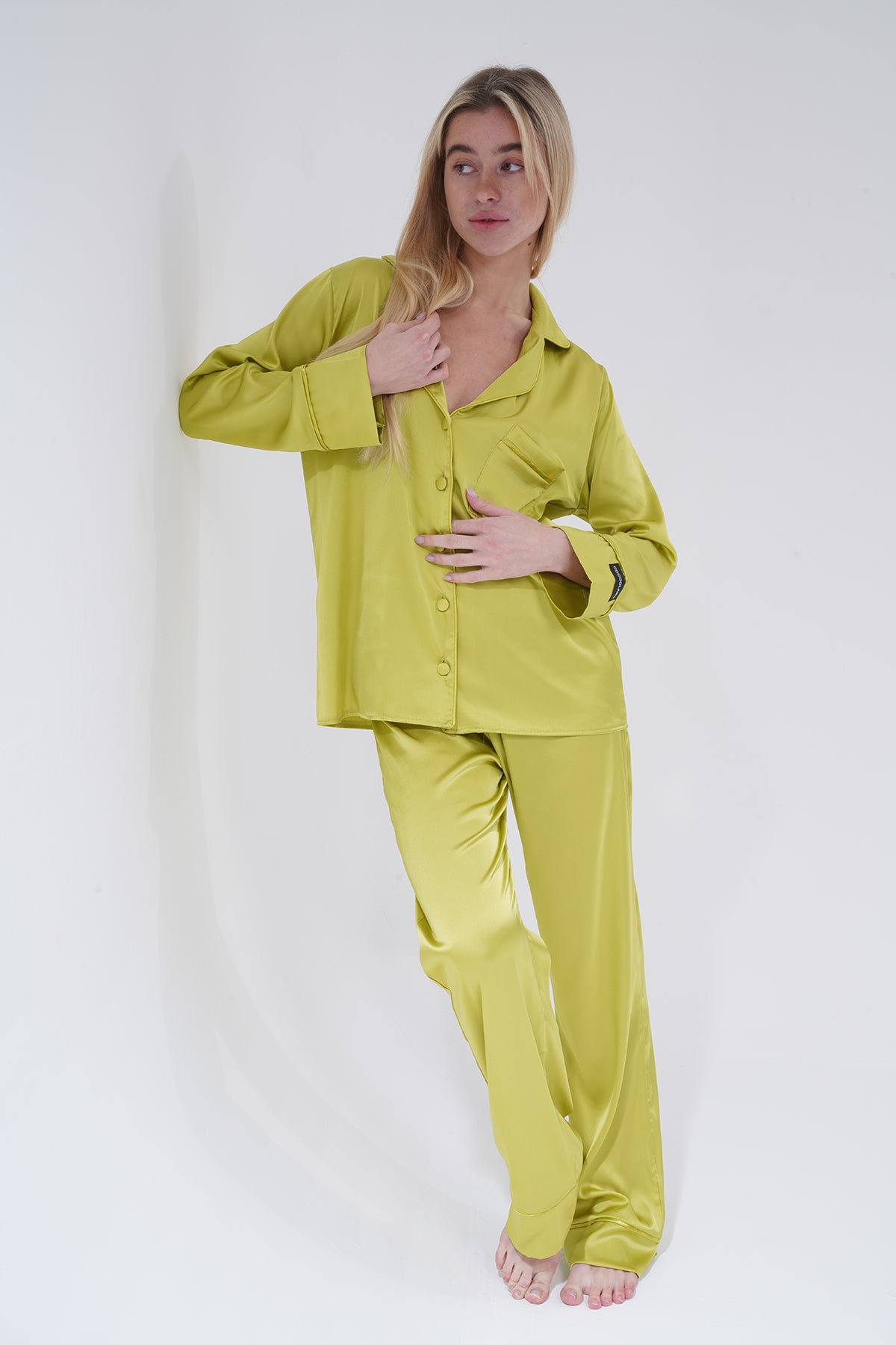 Zeytin Yeşili Saten Pijama Takımı | COCOLARSİ - Modaludo