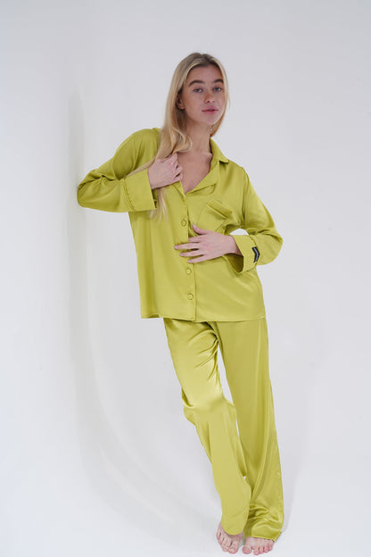 Zeytin Yeşili Saten Pijama Takımı | COCOLARSİ - Modaludo