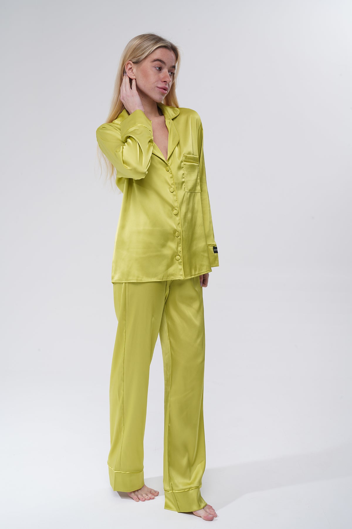 Zeytin Yeşili Saten Pijama Takımı | COCOLARSİ - Modaludo