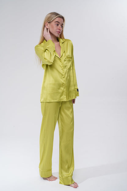 Zeytin Yeşili Saten Pijama Takımı | COCOLARSİ - Modaludo
