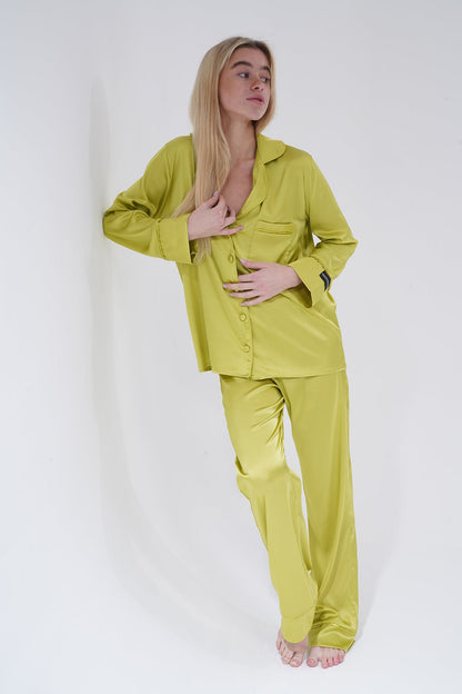 Zeytin Yeşili Saten Pijama Takımı | COCOLARSİ - Modaludo