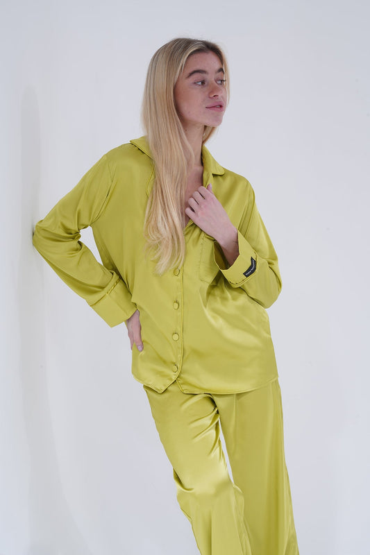 Zeytin Yeşili Saten Pijama Takımı | COCOLARSİ - Modaludo