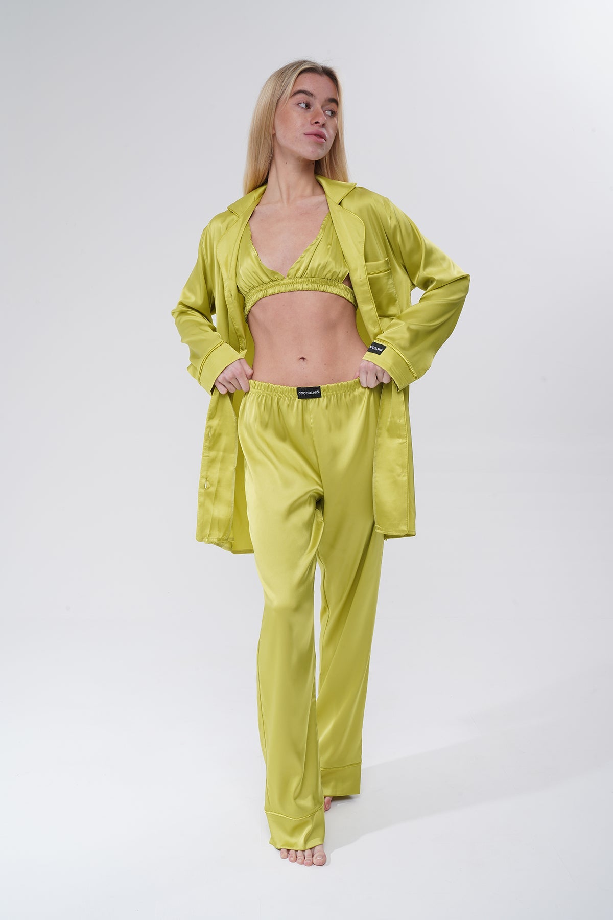 Zeytin Yeşili Üçlü Saten Pijama Takımı | COCOLARSİ - Modaludo
