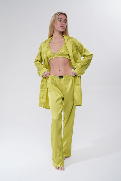 Zeytin Yeşili Üçlü Saten Pijama Takımı | COCOLARSİ - Modaludo