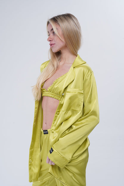 Zeytin Yeşili Üçlü Saten Pijama Takımı | COCOLARSİ - Modaludo