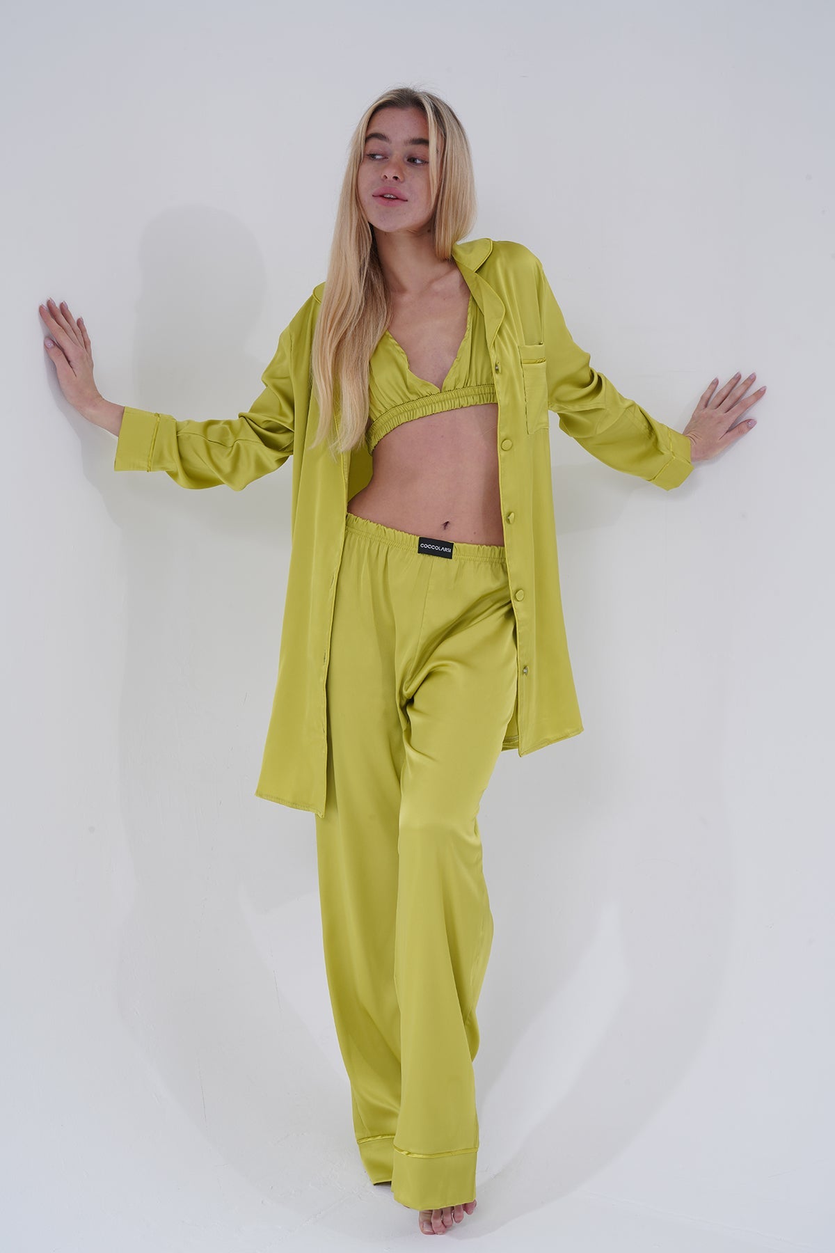 Zeytin Yeşili Üçlü Saten Pijama Takımı | COCOLARSİ - Modaludo