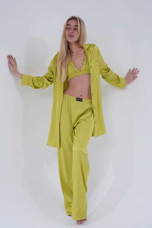 Zeytin Yeşili Üçlü Saten Pijama Takımı | COCOLARSİ - Modaludo