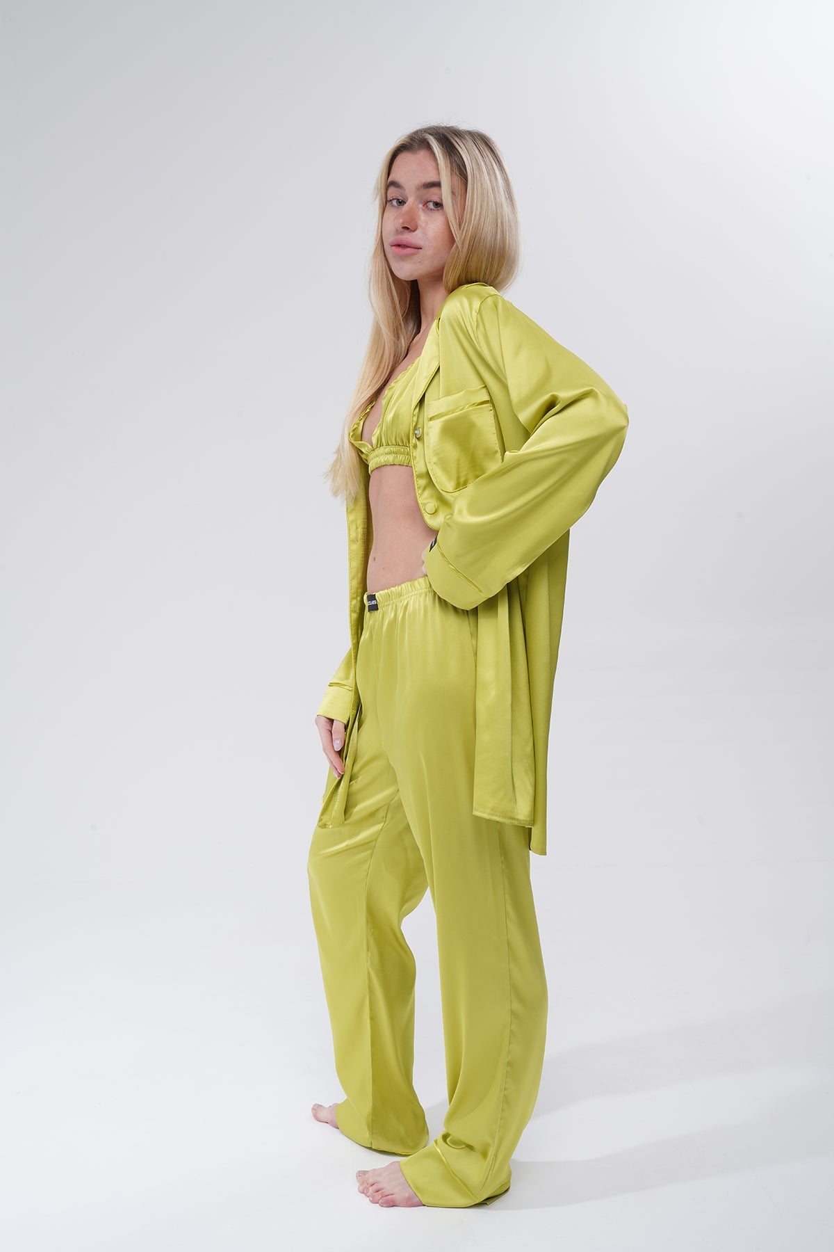 Zeytin Yeşili Üçlü Saten Pijama Takımı | COCOLARSİ - Modaludo