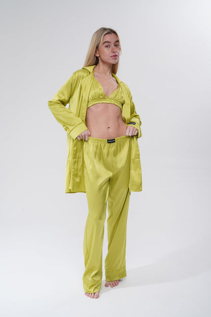 Zeytin Yeşili Üçlü Saten Pijama Takımı | COCOLARSİ - Modaludo