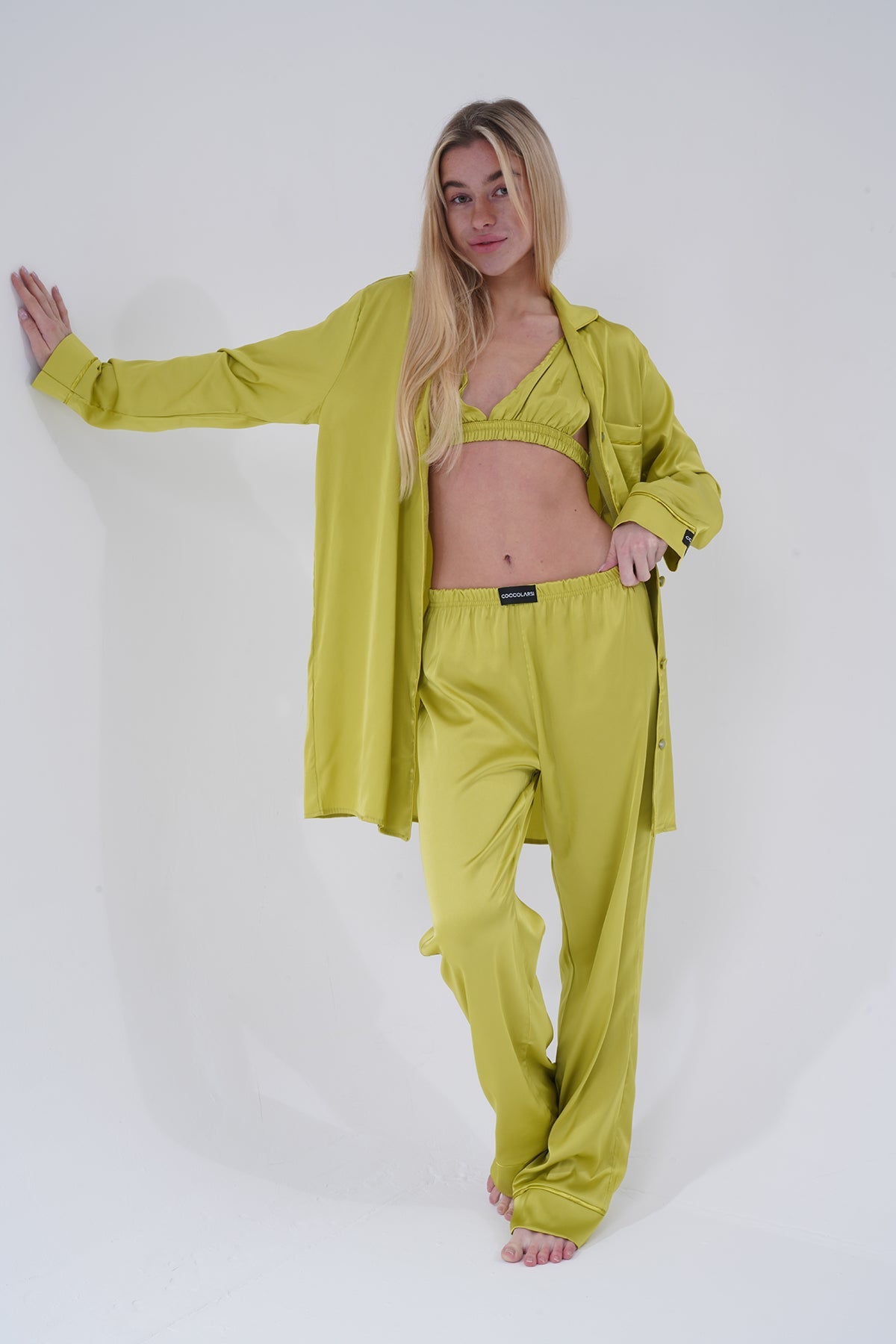 Zeytin Yeşili Üçlü Saten Pijama Takımı | COCOLARSİ - Modaludo